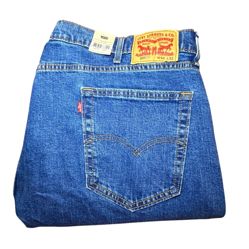 Levis 505 Regular Fit Stretch Jeans Mens 44x32 Blue Straight Leg Denim 005051454
